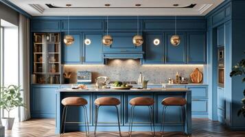 AI generated Beautiful blue kitchen in a classic style photo