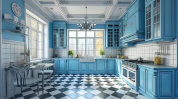 AI generated Beautiful blue kitchen in a classic style photo