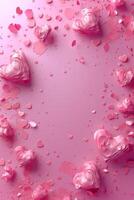 AI generated Beautiful delicate pink background with frame of voluminous 3D hearts and plenty of space for text photo