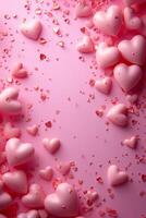 AI generated Beautiful delicate pink background with frame of voluminous 3D hearts and plenty of space for text photo