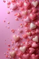 AI generated Beautiful delicate pink background with frame of voluminous 3D hearts and plenty of space for text photo