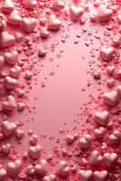 AI generated Beautiful delicate pink background with frame of voluminous 3D hearts and plenty of space for text photo