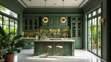 AI generated Beautiful green kitchen in a classic style photo