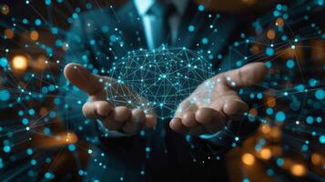 AI generated businessman can be seen holding icons related to technology, servers photo