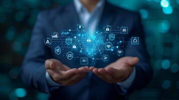 AI generated businessman can be seen holding icons related to technology, servers photo