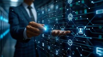 AI generated businessman can be seen holding icons related to technology, servers photo