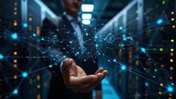 AI generated businessman can be seen holding icons related to technology, servers photo