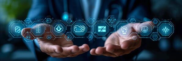 AI generated businessman can be seen holding icons related to technology, servers photo