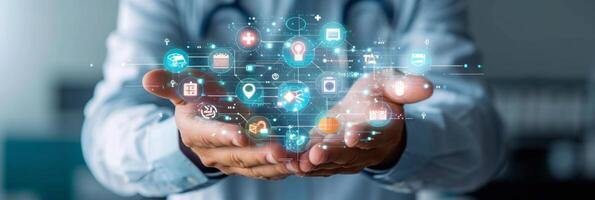 AI generated businessman can be seen holding icons related to technology, servers photo