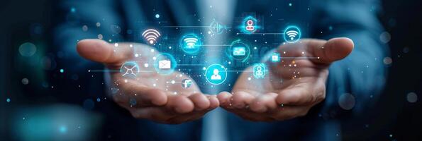 AI generated businessman can be seen holding icons related to technology, servers photo