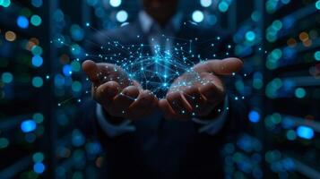AI generated businessman can be seen holding icons related to technology, servers photo
