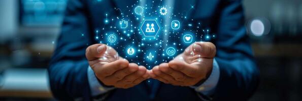 AI generated businessman can be seen holding icons related to technology, servers photo