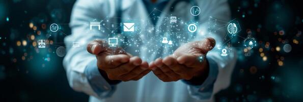 AI generated businessman can be seen holding icons related to technology, servers photo
