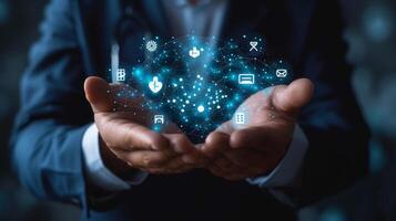 AI generated businessman can be seen holding icons related to technology, servers photo