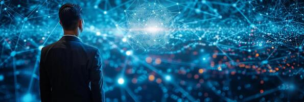 AI generated businessman can be seen holding icons related to technology, servers photo
