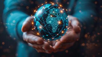 AI generated businessman can be seen holding icons related to technology, servers photo