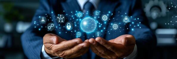 AI generated businessman can be seen holding icons related to technology, servers photo