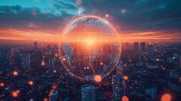 AI generated businessman can be seen holding icons related to technology, servers photo