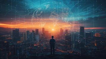 AI generated businessman can be seen holding icons related to technology, servers photo