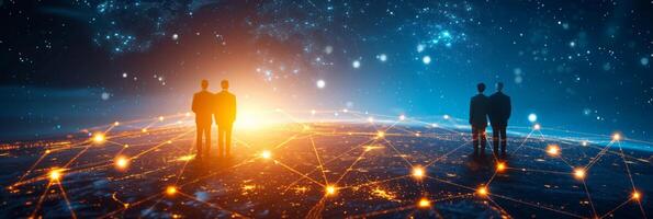 AI generated businessman can be seen holding icons related to technology, servers photo