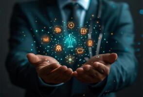 AI generated businessman can be seen holding icons related to technology, servers photo