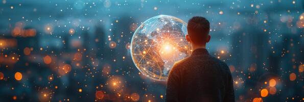 AI generated businessman can be seen holding icons related to technology, servers photo