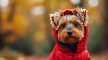 AI generated Cute Yorkshire terrier in a red hooded jacket walks in the park photo