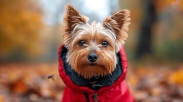 ai generado linda Yorkshire terrier en un rojo encapuchado chaqueta camina en el parque foto