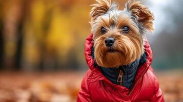 ai generado linda Yorkshire terrier en un rojo encapuchado chaqueta camina en el parque foto