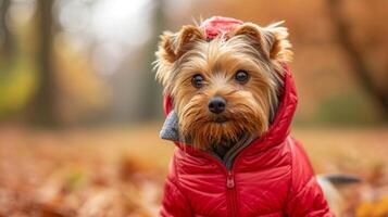 ai generado linda Yorkshire terrier en un rojo encapuchado chaqueta camina en el parque foto