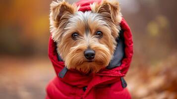 ai generado linda Yorkshire terrier en un rojo encapuchado chaqueta camina en el parque foto