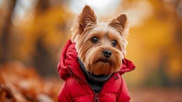 AI generated Cute Yorkshire terrier in a red hooded jacket walks in the park photo