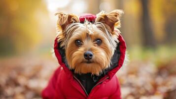 ai generado linda Yorkshire terrier en un rojo encapuchado chaqueta camina en el parque foto