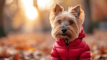 AI generated Cute Yorkshire terrier in a red hooded jacket walks in the park photo