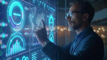 AI generated A businessman reviews real-time analytics on a transparent touchscreen, photo