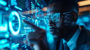 AI generated A businessman reviews real-time analytics on a transparent touchscreen, photo
