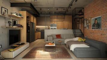 AI generated design of a small studio apartment in loft style photo