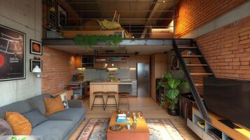 AI generated design of a small studio apartment in loft style photo