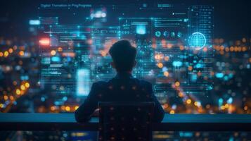 AI generated A corporate leader oversees the implementation of AI-driven technologies across departments photo