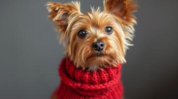 ai generado mullido pequeño Yorkshire terrier perro en un rojo de punto suéter mira a el cámara foto