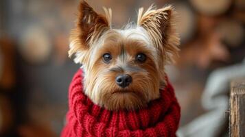ai generado mullido pequeño Yorkshire terrier perro en un rojo de punto suéter mira a el cámara foto