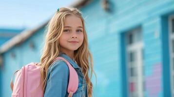 AI generated Fashionable girl 12 years old with long blond hair goes to school with a pink backpack large copyspace area photo