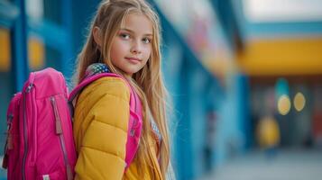 AI generated Fashionable girl 12 years old with long blond hair goes to school with a pink backpack large copyspace area photo