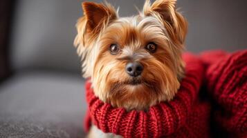 ai generado mullido pequeño Yorkshire terrier perro en un rojo de punto suéter mira a el cámara foto