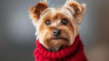 ai generado mullido pequeño Yorkshire terrier perro en un rojo de punto suéter mira a el cámara foto