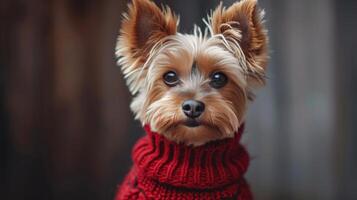 ai generado mullido pequeño Yorkshire terrier perro en un rojo de punto suéter mira a el cámara foto