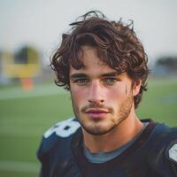 AI generated Handsome football player posing looking at the camera while standing on the football field photo