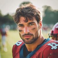 AI generated Handsome football player posing looking at the camera while standing on the football field photo