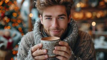 AI generated Handsome young man in a warm knitted sweater drinks hot chocolate photo