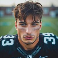 ai generado hermoso fútbol americano jugador posando mirando a el cámara mientras en pie en el fútbol americano campo foto